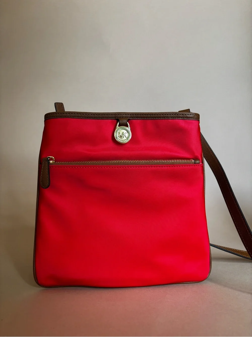 Michael Kors Red Crossbody with Brown Trim and Gold Logo